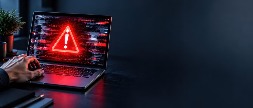 Cybersecurity Threat Warning Displayed on Laptop Screen with Red Alert Symbol and Dark Copy Space