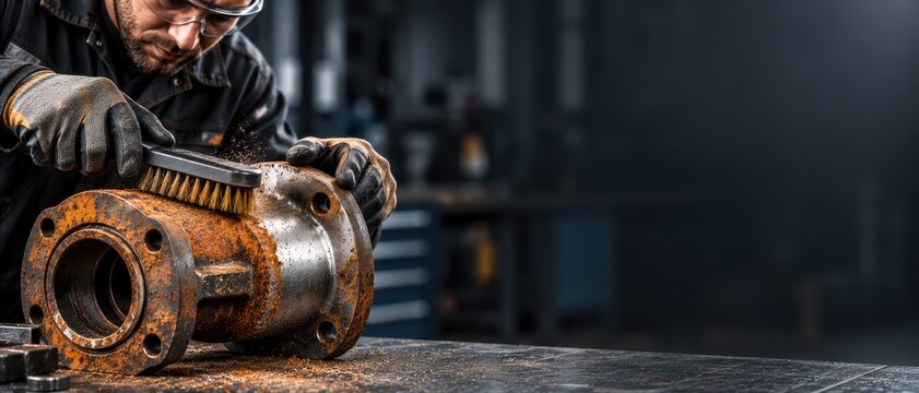 Industrial Worker Removing Rust from Corroded Metal Pipe Flange with Wire Brush in Mechanical Workshop