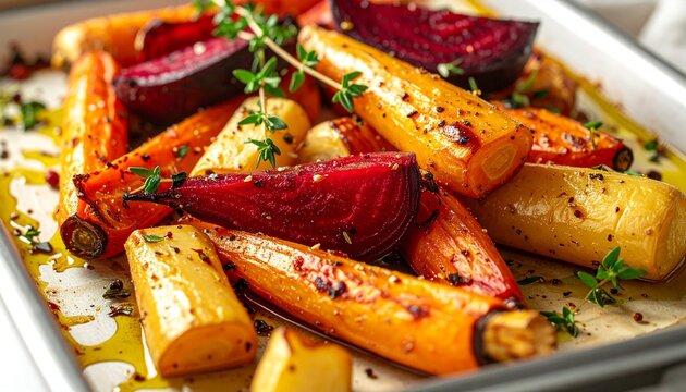 roasted carrots, parsnips, and red beets with caramelized golden edges, fresh thyme sprigs scattered on top