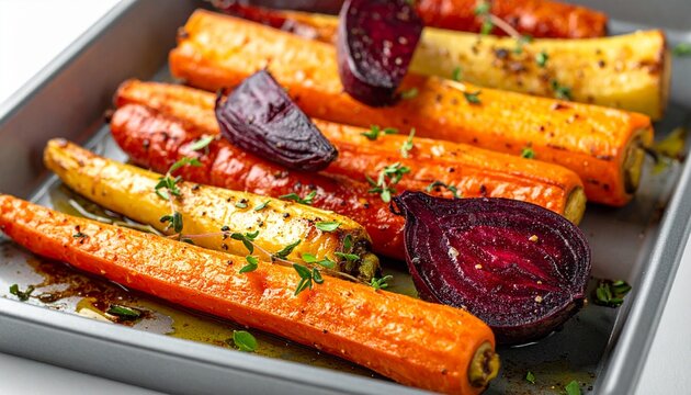 A tray of roasted carrots, parsnips, and red beets with caramelized golden edges, fresh thyme sprigs scattered on top.