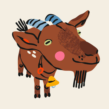 Brown Goat looking at camera. Cute funny character, adorable farm animal portrait. Hand drawn Vector illustration. Isolated design element. Happy Chinese New year 2027 symbol
