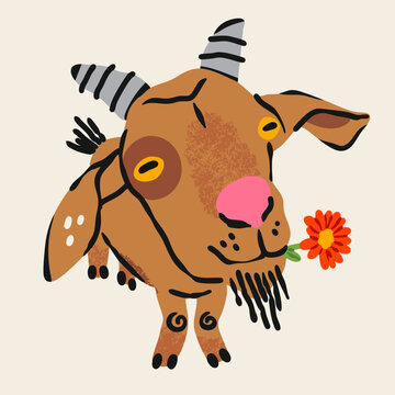 Goat looking at camera, holding flower in mouth. Cute funny character, adorable farm animal portrait. Hand drawn Vector illustration. Isolated design element. Happy Chinese New year 2027 symbol