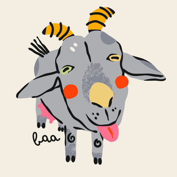 Gray Goat looking at camera, showing tongue. Cute funny character, adorable farm animal portrait. Hand drawn Vector illustration. Isolated design element. Happy Chinese New year 2027 symbol