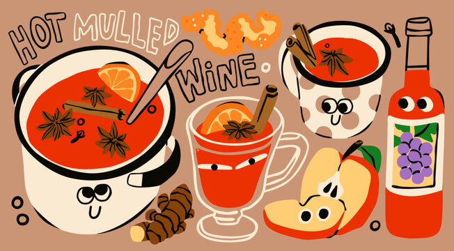 Mulled Wine cute characters with eyes. Hot drink with spices in pot, cup, mug, wine bottle. Cozy weather, autumn, Christmas concept. Hand drawn Vector illustration. Isolated design elements