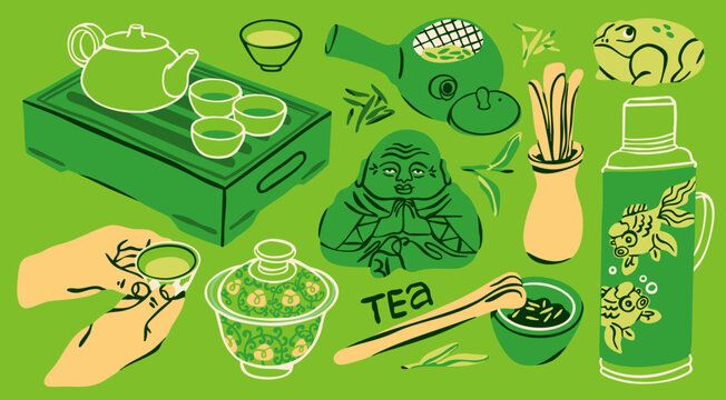 Traditional Chinese tea ceremony items. Green Ceramic tea cups, bamboo tray, teapot, statuettes, vacuum bottle, porcelain tea caddy. Hand drawn Vector illustration. Hospitality, culture, ritual concep
