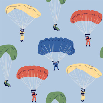 Skydivers flying with parachutes. Set of tiny cute characters. Hand drawn Vector illustration. Paragliding, skydiving, parachute jump, extreme sport, activities concept. Square seamless Pattern