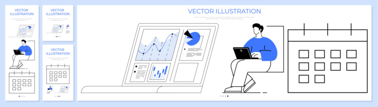 A person working on a laptop with data charts and a calendar icon for web landing page banner. Productivity, time management, business analytics, digital planning, remote work, organization. Man