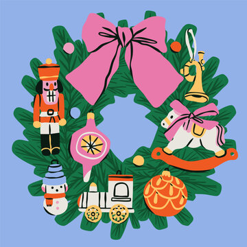 Christmas Wreath with toys, ribbon bow. Green pine, spruce wreath with festive traditional xmas or new year decorations. Hand drawn trendy Vector illustration. Isolated design element
