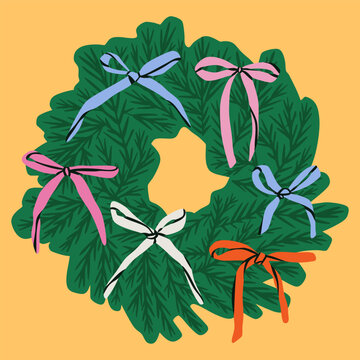 Christmas Wreath with colorful ribbons. Green pine, spruce wreath with festive traditional xmas or new year decorations. Hand drawn trendy Vector illustration. Isolated design element