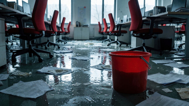 Red bucket collects water from flooded office floor. Wet room with desks, chairs, scattered paper documents after water damage. Disaster scene shows ruined workspace with debris, soaked documents.
