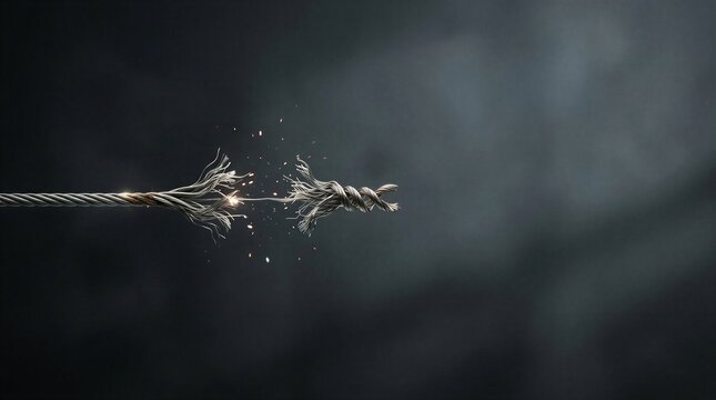 Fraying steel cable, dark background, concept of breaking point and stress