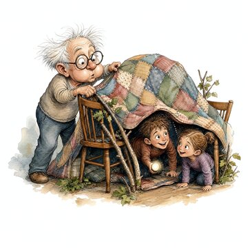 Funny Grandpa Draping Patchwork Quilt Over Kitchen Chairs