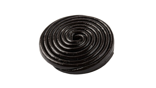 A black round coiled licorice candy wheel isolated on transparent background