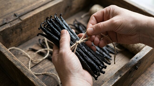 Chef tying a bundle of fragrant vanilla beans with twine in a wooden box