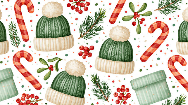 Watercolor holiday repeat pattern featuring cozy green beanies, striped candy canes, red berries, evergreen sprigs and mistletoe