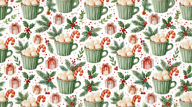 Watercolor christmas pattern with cocoa mugs, marshmallows, candy canes, holly berries, pine branches, and wrapped holiday gifts