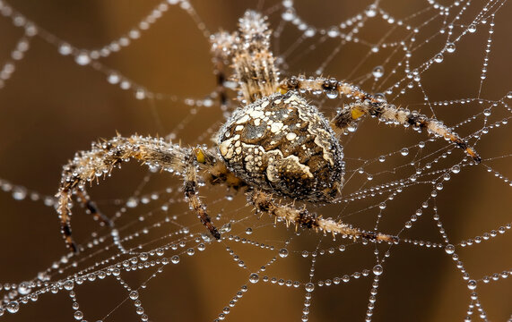 Cross spider in dew-covered spider web at morning light