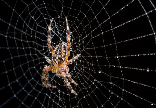 Garden cross spider on dew-covered orb web in spring
