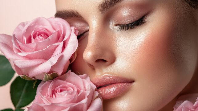 Close-up of a woman's face adorned with pink roses, showcasing beauty, makeup, and a soft, romantic aesthetic.