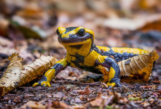 Fire salamander on forest floor in autumn