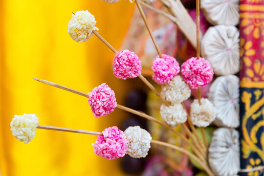 Colorful rice cake offerings at Odalan temple festival