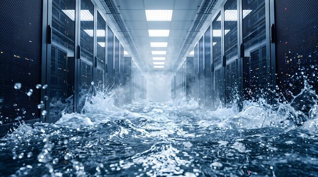 Violent water flooding inside a high tech data center destroying expensive mainframe computer hardware systems