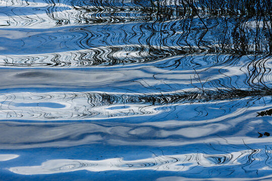 Reflection of reeds and clouds on lake Staffelsee