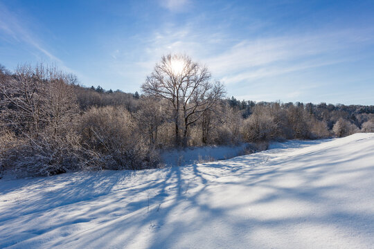Isar river valley winter landscape with snow and sun