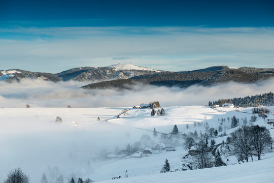 Winter landscape with snow-covered hills and fog