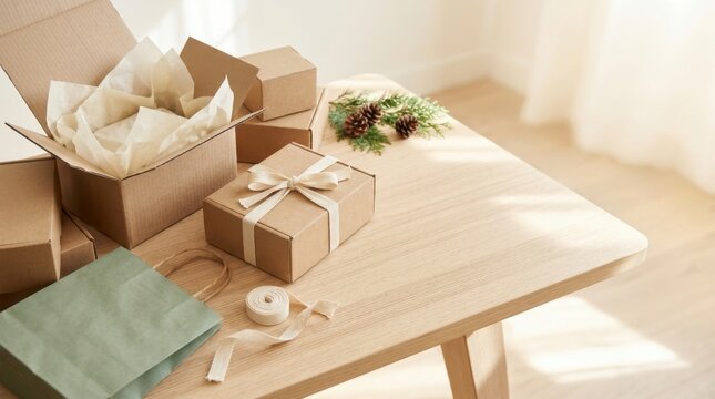 Gift wrapping station with boxes and ribbon on a wooden table.