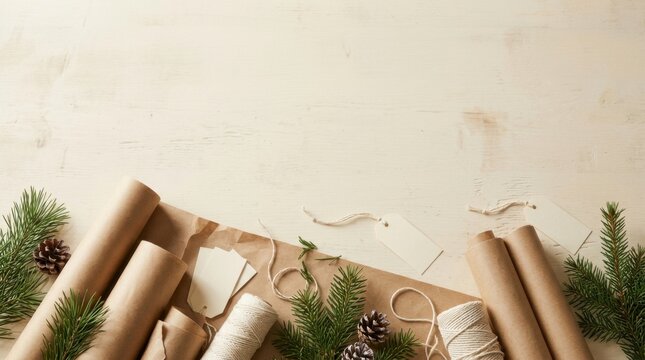 Christmas gift wrapping supplies with pine branches and pinecones on a textured background.