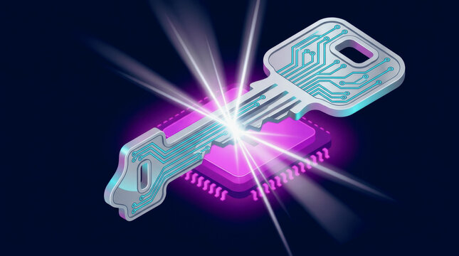 Digital key with circuit board pattern on a glowing processor
