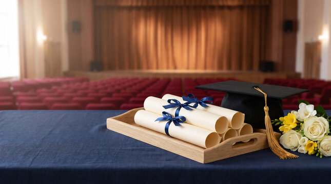 Rolled diploma scrolls tied with navy ribbon in an oak tray beside a black graduation cap with gold tassel on a draped table before an empty auditorium