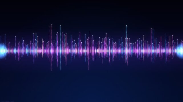 Glowing digital sound wave equalizer graphic against a dark blue background