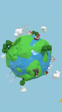 Vertical video: Sphere gaining green, planet rotating, showing turbines and homes, plane circling