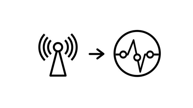 Line icon of a wireless antenna tower with an arrow to a pulse monitor circle representing remote telemetry, radio signals and health data tracking