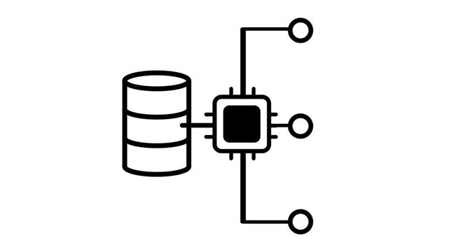 Black line icon of a database linked to a central microchip with three output nodes representing data processing, analytics and computing automation