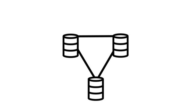 Minimal icon of three connected databases arranged in a triangle representing distributed storage, data replication and synchronized server clusters