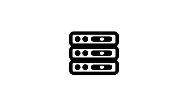 Bold black and white icon of a three unit server rack representing data center hardware, web hosting, network infrastructure and enterprise computing