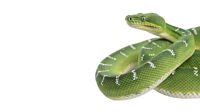 A coiled green tree python snake reptile slithering isolated on transparent background