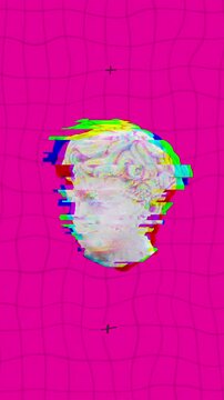 Vertical video: Glitch pulse starting marble bust slicing into RGB bands, reforming, looping