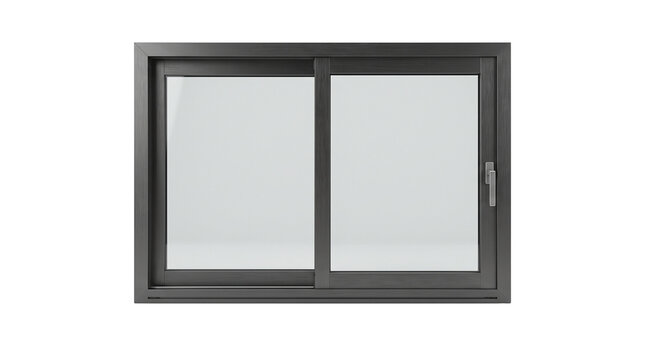 Modern black aluminum sliding window, minimalist residential glass window frame, contemporary architecture building component isolated PNG with Transparent Background