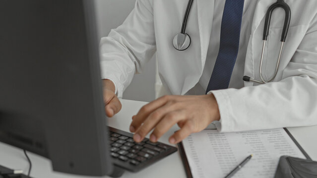 Man doctor in white coat types on computer with hands on keyboard and stethoscope at desk in clinic building; concentration professionalism patient care.