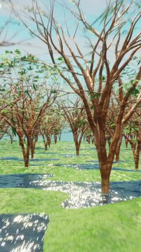 Vertical video: On start, camera moving ahead to highlight center tree and water reflections