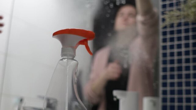 Woman cleaning bathroom mirror with spray bottle and cloth reflection