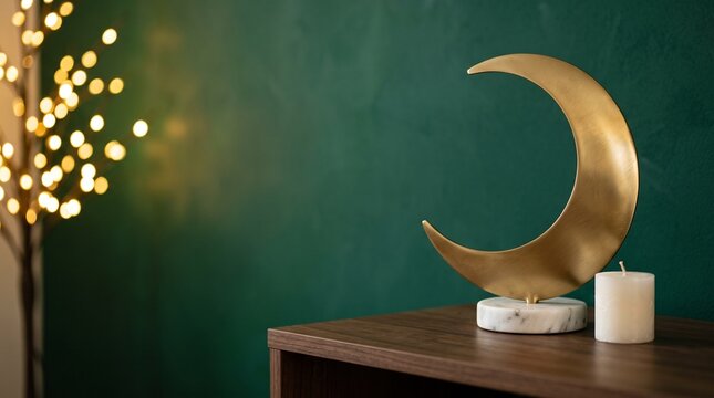 Golden crescent moon decoration on marble base with candle and warm bokeh light against green wall with copy space