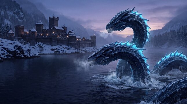Giant two-headed winter hydra serpent with glowing blue fins emerging before medieval fortress