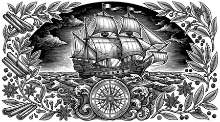 Vintage sailing ship navigating waves with botanical spices and compass © Dhe