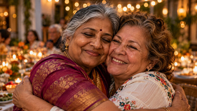 Two happy senior women embracing and smiling at a festive family celebration, elderly Indian woman in traditional sari hugging her friend at a warmly lit dinner gathering