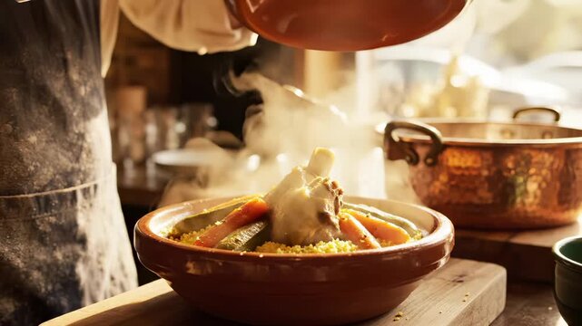 Chef opens hot tagine pot in kitchen. Steam rises from delicious couscous with meat. Traditional tagine food cooking in clay pot. Chef reveals steaming couscous meal. Tasty tagine food served.